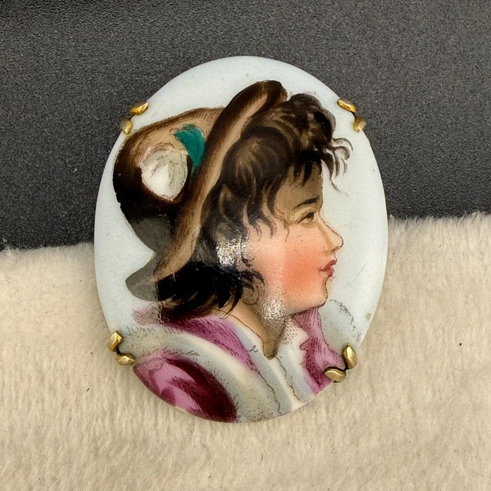 Vintage Victorian Hand Painted Porcelain Brooch Little Girl With Hat